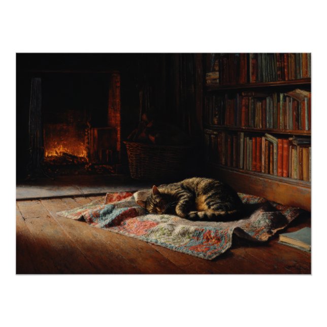 Poster Cozy Fireplace Cat Library Scene (Devant)
