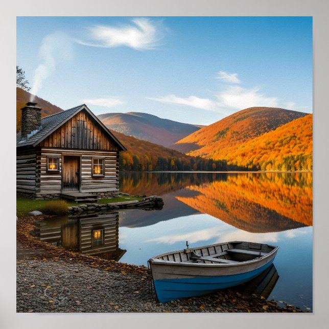 Poster Cozy Log Cabin Fall Autumn Lake Reflection (Devant)