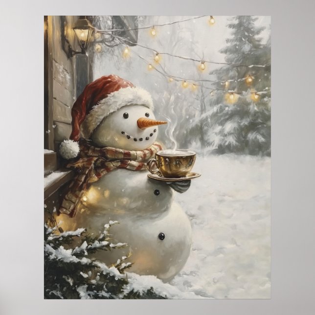 Poster Cozy Snowman with Coffee Christmas Wall Art  (Devant)