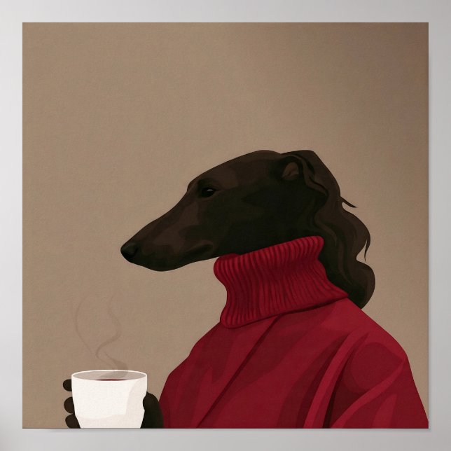 Poster Cozy Whippet Drinking Coffee - Minimalist Dog  (Devant)