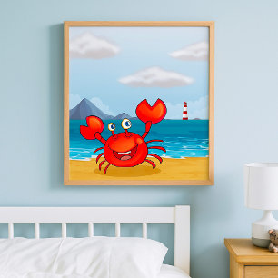 Poster Crabe heureux sur la plage avec phare