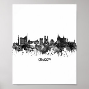 Poster Cracovie Pologne Skyline BW