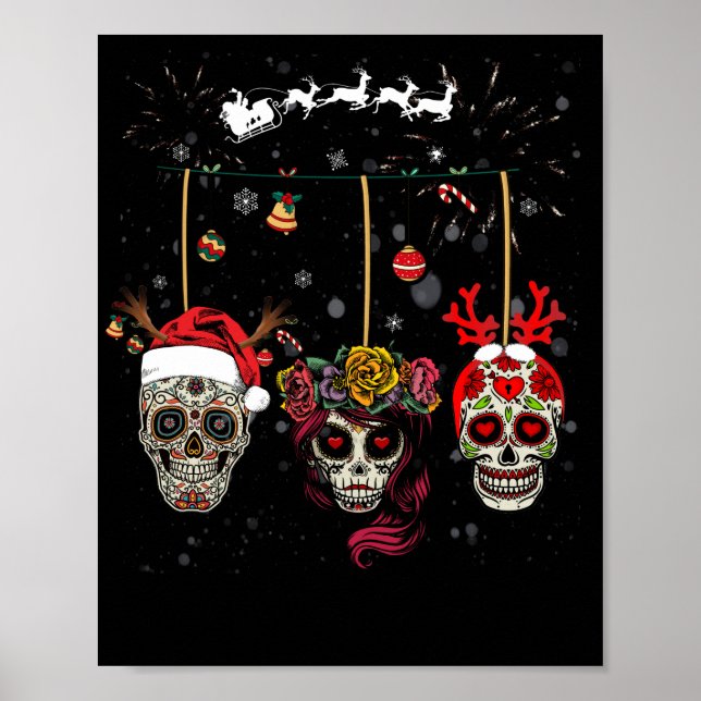 Poster Crâne à sucre fleur mexicaine de Noël dans la neig (Devant)
