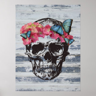 Poster Crâne aux fleurs d'hydrangée et aux papillons