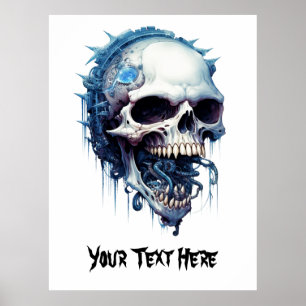 Poster Crâne bleu avec des vers et des détails steampunk