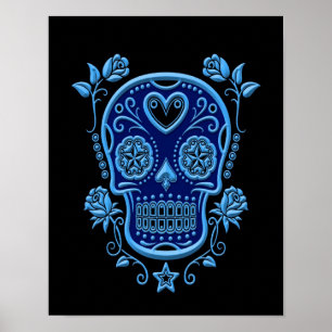 Poster Crâne bleu de sucre avec des roses sur le noir