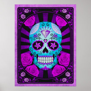 Poster Crâne bleu et pourpre vintage de sucre avec des