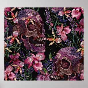 Poster Crâne brodé : Motif gothique de l'orchidée