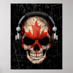 Poster Crâne canadien rayé du DJ avec des écouteurs