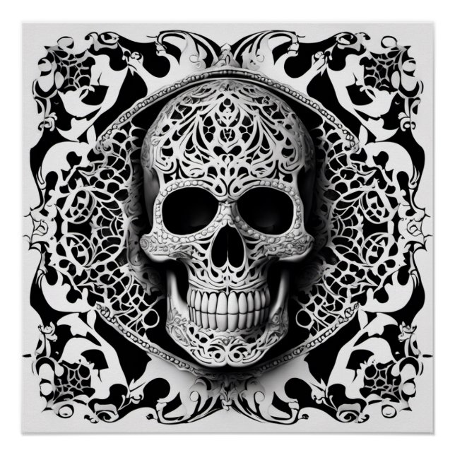 Poster Crâne de dentelle souriante noir et blanc (Devant)