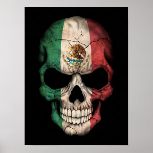 Poster Crâne de drapeau mexicain sur le noir