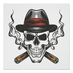 Poster Crâne de gangster avec casquette fedora