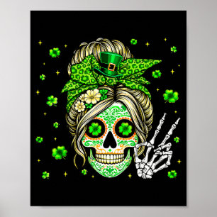 Poster Crâne de sucre chignon désordonné trèfle léopard S