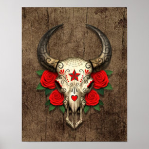 Poster Crâne de sucre de Taureau avec les roses rouges