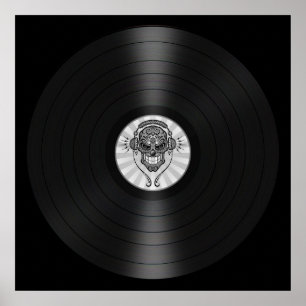 Poster Crâne de sucre gris Dj sur disque vinyle Graphique