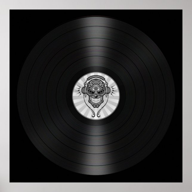 Poster Crâne de sucre gris Dj sur disque vinyle Graphique (Devant)
