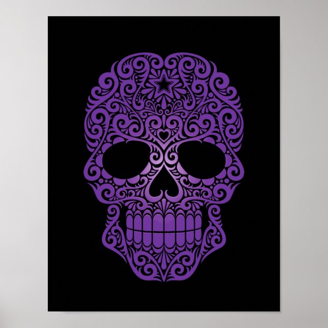 Poster Crâne de sucre pourpre à brulant sur noir (Devant)