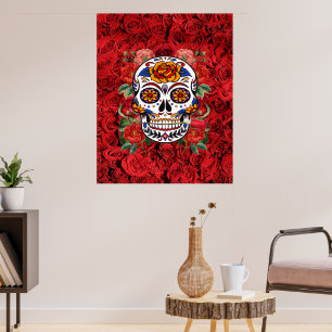Poster Crâne de sucre rose Roses rouges Vacances Grand