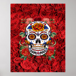 Poster Crâne de sucre rose Roses rouges Vacances Grand