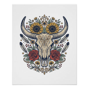 Poster Crâne de taureau floral vintage occidental
