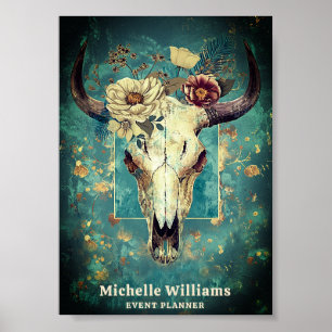 Poster Crâne de vache rustique Floral Boho Western Busine
