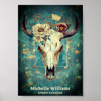 Poster Crâne de vache rustique Floral Boho Western Busine