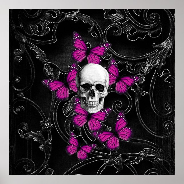 Poster crâne d'Imaginaire et papillons roses chauds (Devant)