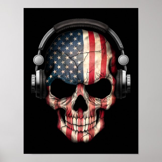Poster Crâne Dj américain personnalisable avec casque (Devant)