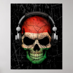Poster Crâne hongrois rayé du DJ avec des écouteurs