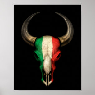 Poster Crâne italien de Taureau de drapeau sur le noir