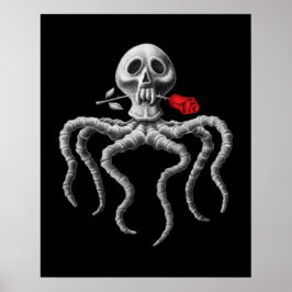 Poster Crâne octopique noir et blanc avec Rose rouge