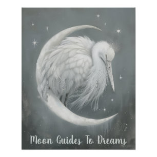 Poster Crane oiseau bébé dormir sur la Lune