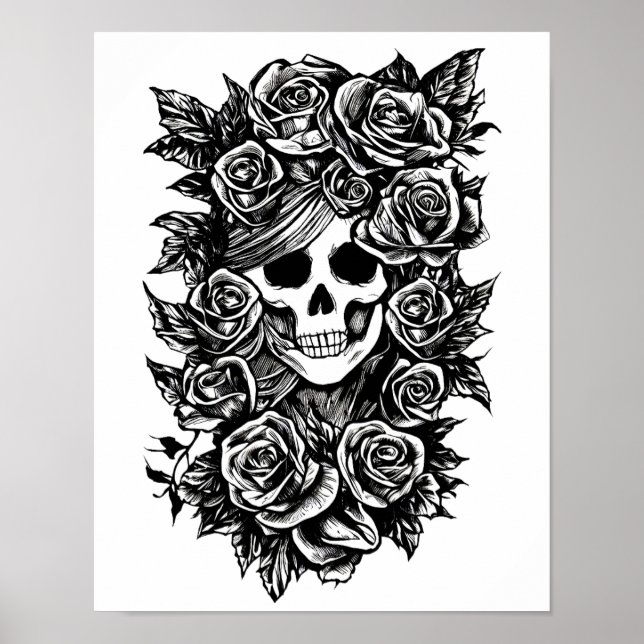 Poster Crâne Rose Goth Dessin original à l'encre Art (Devant)