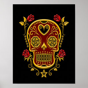 Poster Crâne rouge et jaune de sucre avec des roses sur