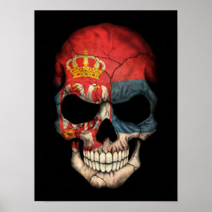 Poster Crâne serbe de drapeau sur le noir