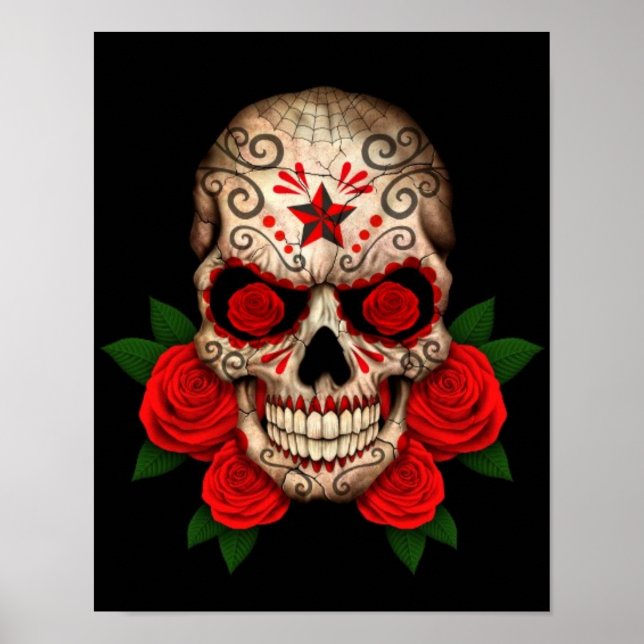 Poster Crâne sucrier foncé aux roses rouges (Devant)