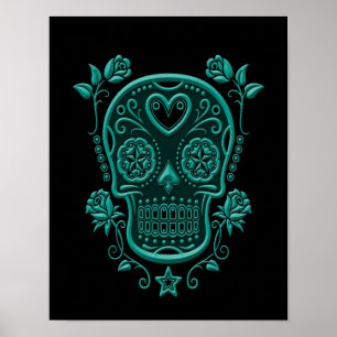 Poster Crâne turquoise à sucre bleu avec Roses sur noir