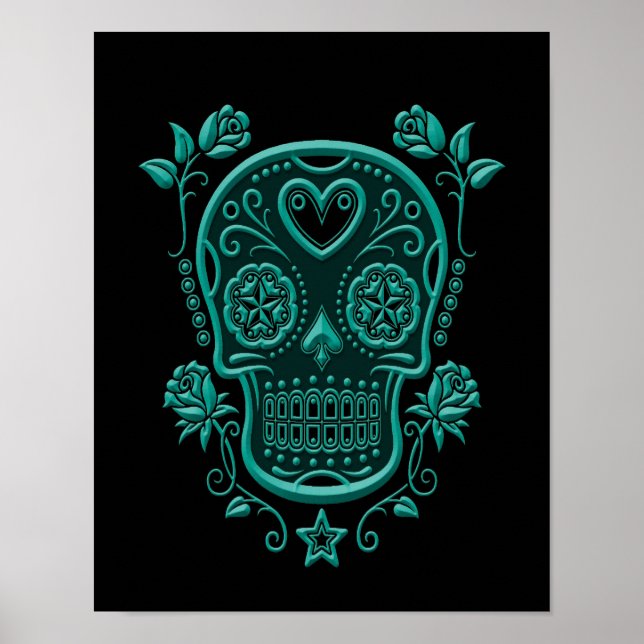 Poster Crâne turquoise à sucre bleu avec Roses sur noir (Devant)