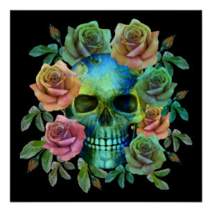 POSTER CRÂNE VERT DE LA MORT AVEC FLEURS