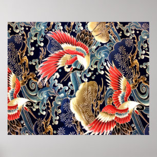 Poster CRANES DE VOL, VAGUES, FLEURS DE PRINTEMPS Japonai