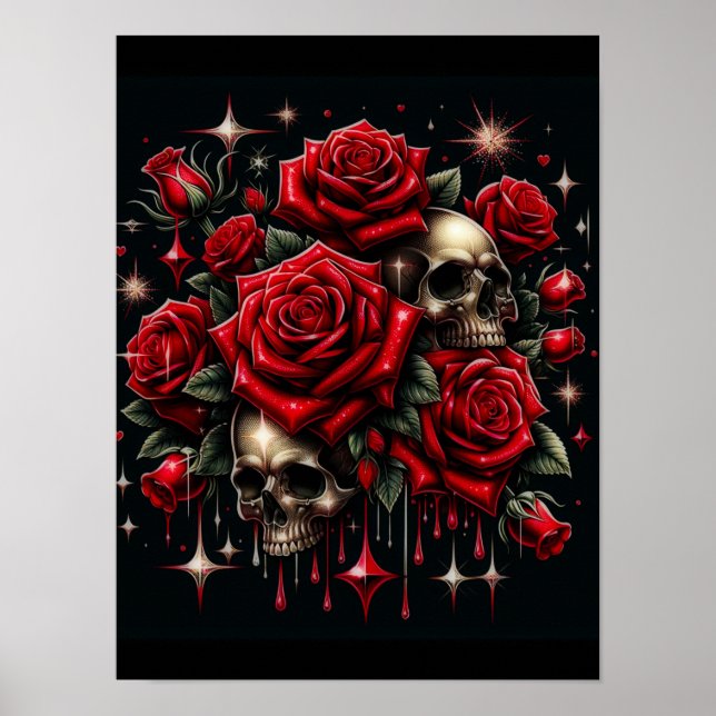 Poster Crânes d'or et roses rouges étincelante gothique (Devant)