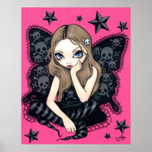 Poster Crânes et étoiles Art Imprimer fée gothique rose