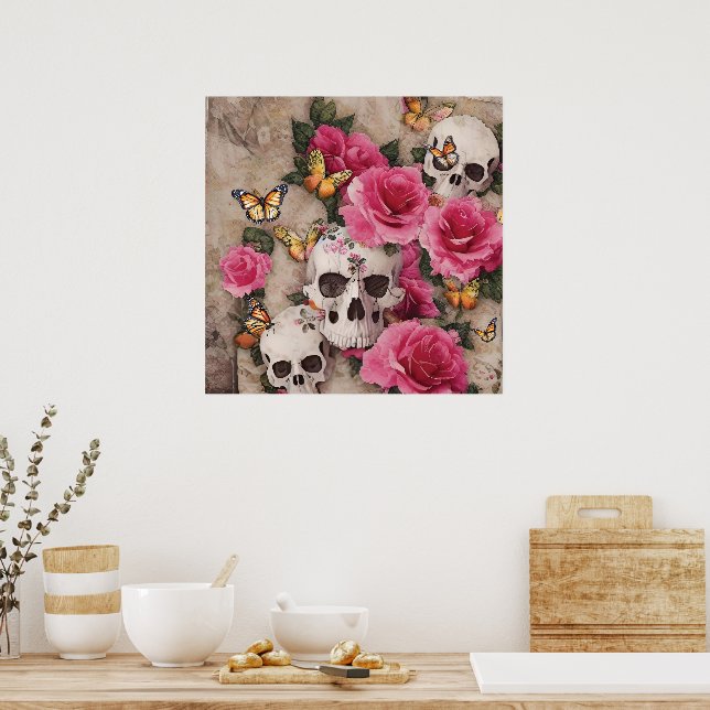 Poster Crânes et Roses avec accents papillon (Cuisine)