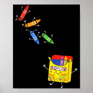 Poster Crayons sautant dans une boîte fournitures scolair