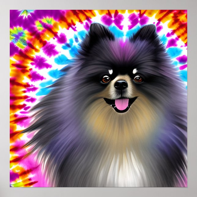 Poster Crazy Happy Black Pomeranian Chien Tie Dye Art (Devant)