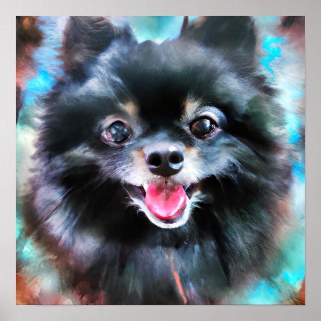Poster Crazy Happy Black Pomeranian Portrait Art (Devant)