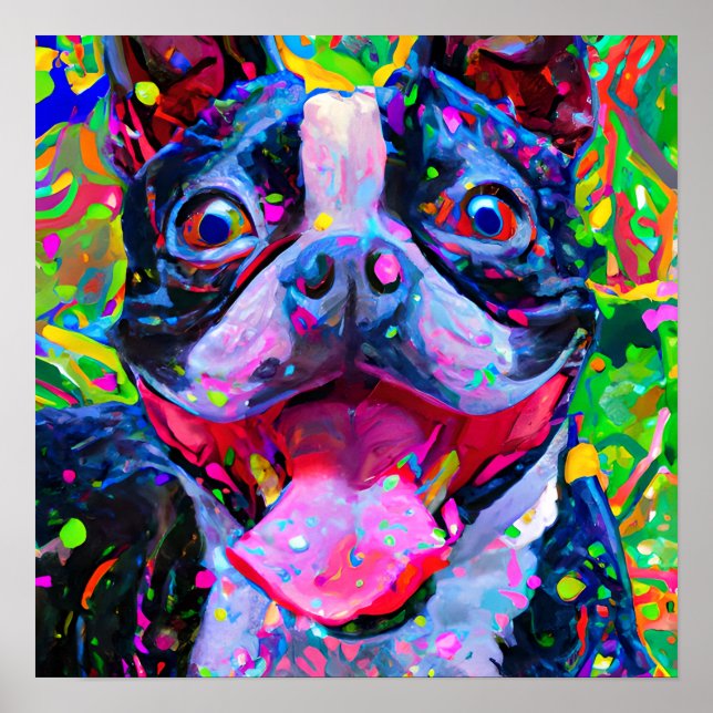 Poster Crazy Happy Boston Terrier Dog 2 Art Portrait (Devant)