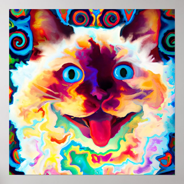 Poster Crazy Happy Chat Balinais Portrait Art (Devant)