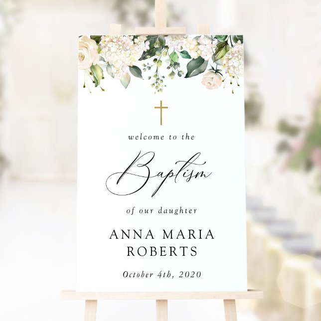 Poster Cream White Flowers, Boho, Floral Baptism Welcome (Créateur téléchargé)