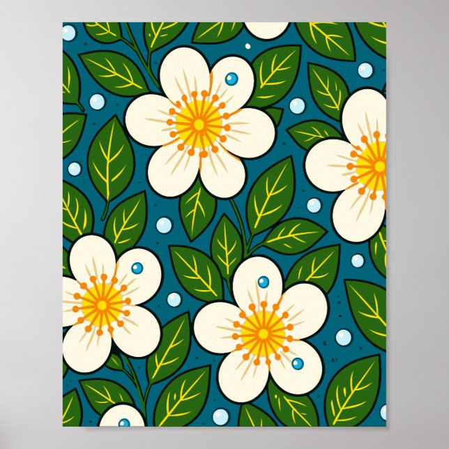 Poster Creamy White Florals Pattern with Green Leaves (Devant)